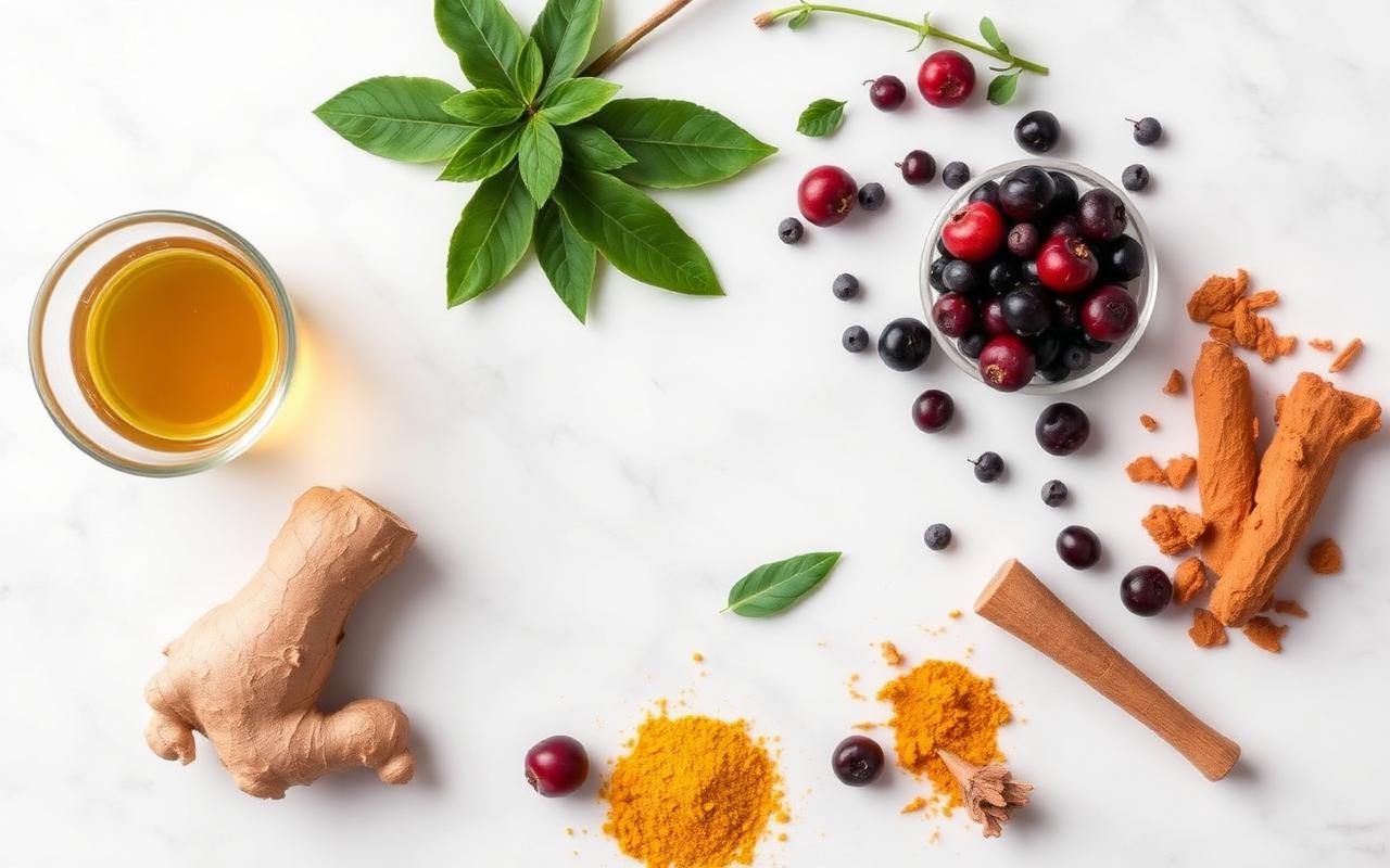 Natural ingredients used in NovuburnUltra Drops including ginger, turmeric, green tea and berries
