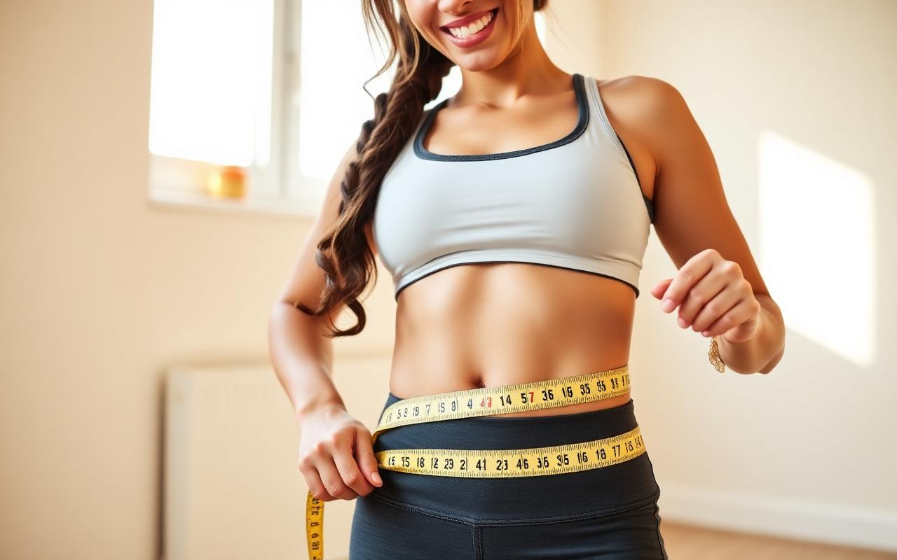 Woman measuring her waist after using NovuburnUltra Drops weight loss supplement