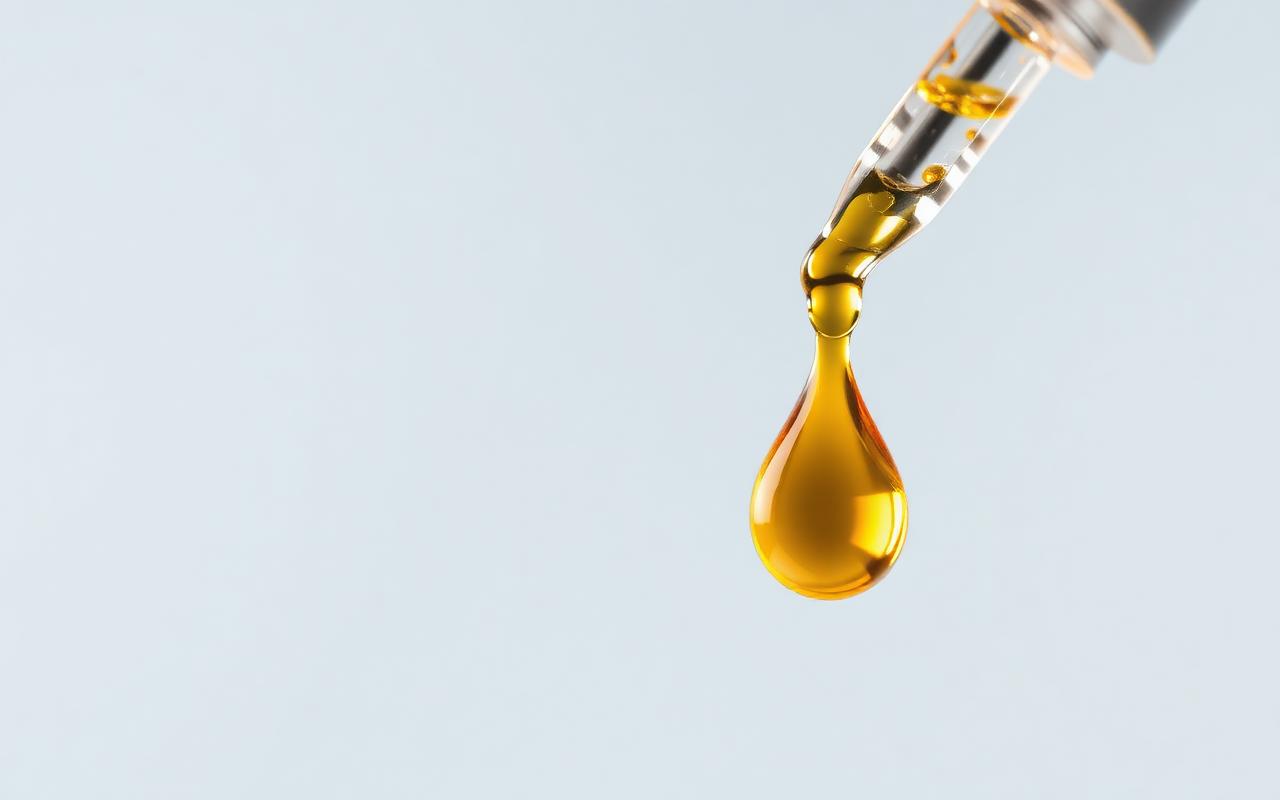 Close-up of a NovuburnUltra Drops dropper releasing a golden liquid droplet